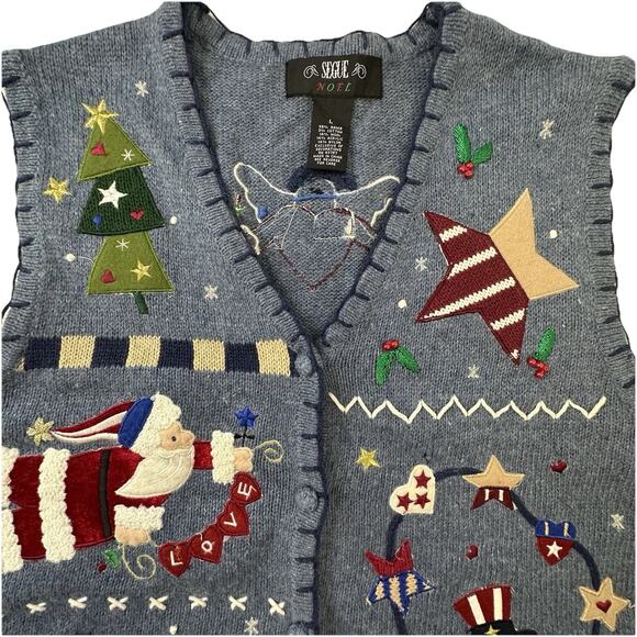 Segue Noel Vintage L Christmas Sweater Vest EUC Embroidered Angels Stars Snowman - Picture 1 of 16